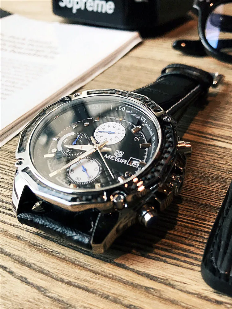 MEGIA CHRONOGRAPH QUARTZ VINTAGE STRAP WATER PROOF WATCH