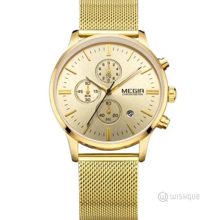 MEGIR Chronograph Stainless Steel Waterproof Men's Gold Watch MS2011GGD