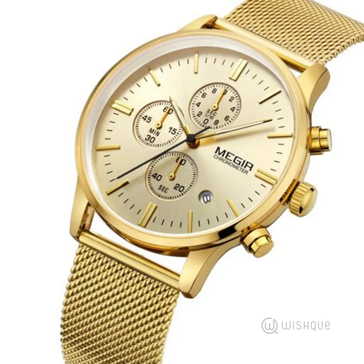 MEGIR Chronograph Stainless Steel Waterproof Men's Gold Watch MS2011GGD