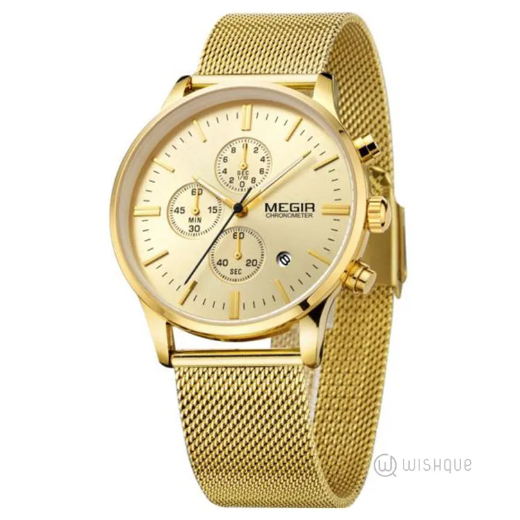 MEGIR Chronograph Stainless Steel Waterproof Men's Gold Watch MS2011GGD