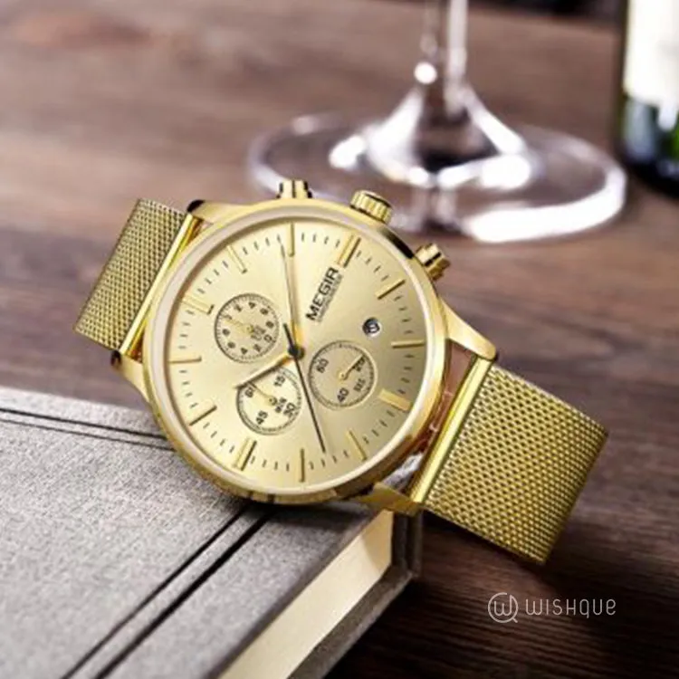 MEGIR Chronograph Stainless Steel Waterproof Men's Gold Watch MS2011GGD