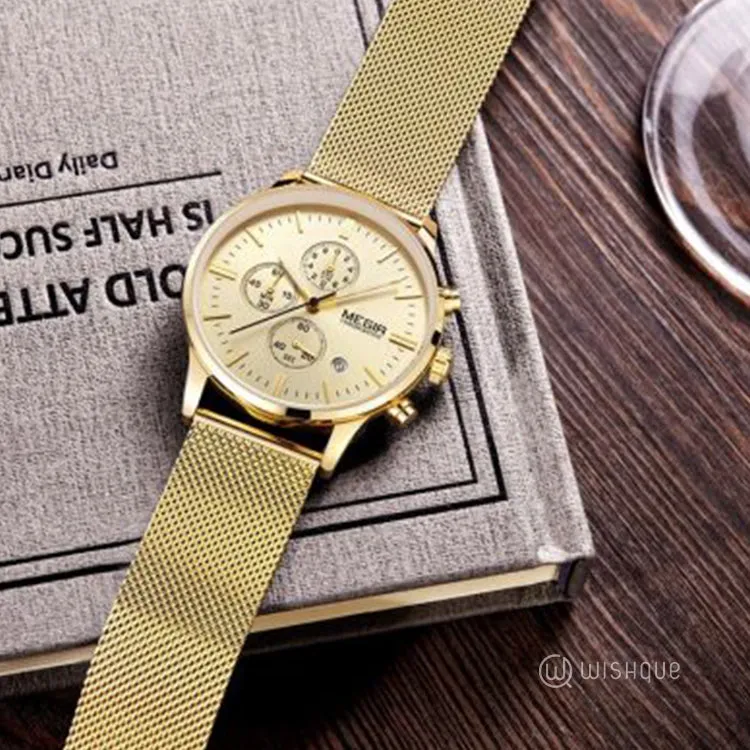 MEGIR Chronograph Stainless Steel Waterproof Men's Gold Watch MS2011GGD