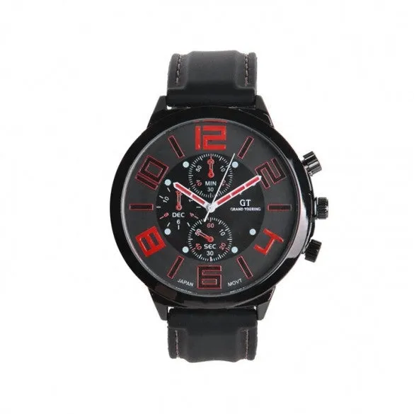 Men Sport Round Dial Quartz Black Rubber Strap Wrist Watch Large Display