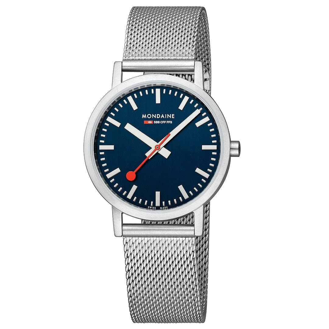 MONDAINE CLASSIC DEEP OCEAN BLUE PETITE SILVER-CASE WATCH A660.30314.40SBJ  36MM
