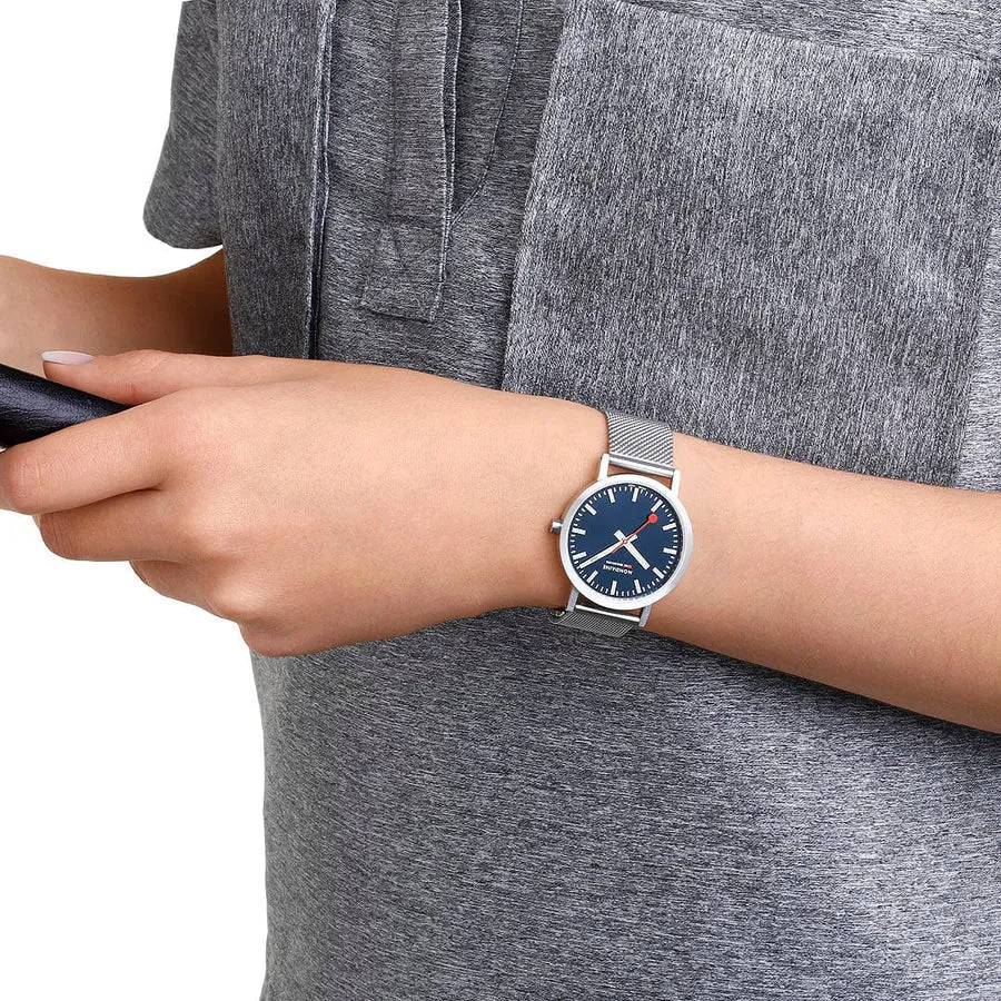 MONDAINE CLASSIC DEEP OCEAN BLUE PETITE SILVER-CASE WATCH A660.30314.40SBJ  36MM