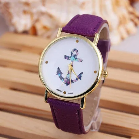 New Fashion Relogio Women Watch Ladies Vintage Flower Watch Anchor Leather Quartz Clock Casual Dress Watches