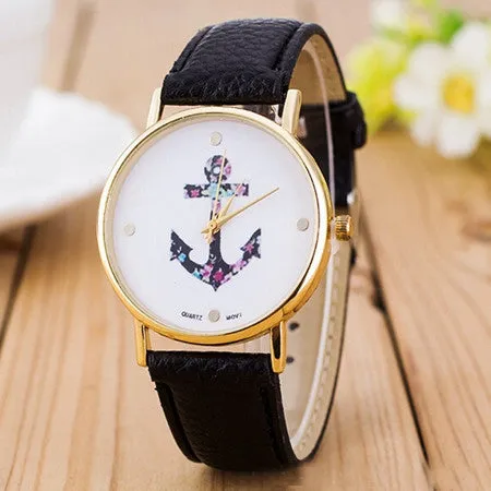 New Fashion Relogio Women Watch Ladies Vintage Flower Watch Anchor Leather Quartz Clock Casual Dress Watches