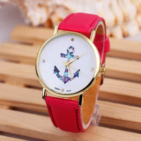 New Fashion Relogio Women Watch Ladies Vintage Flower Watch Anchor Leather Quartz Clock Casual Dress Watches