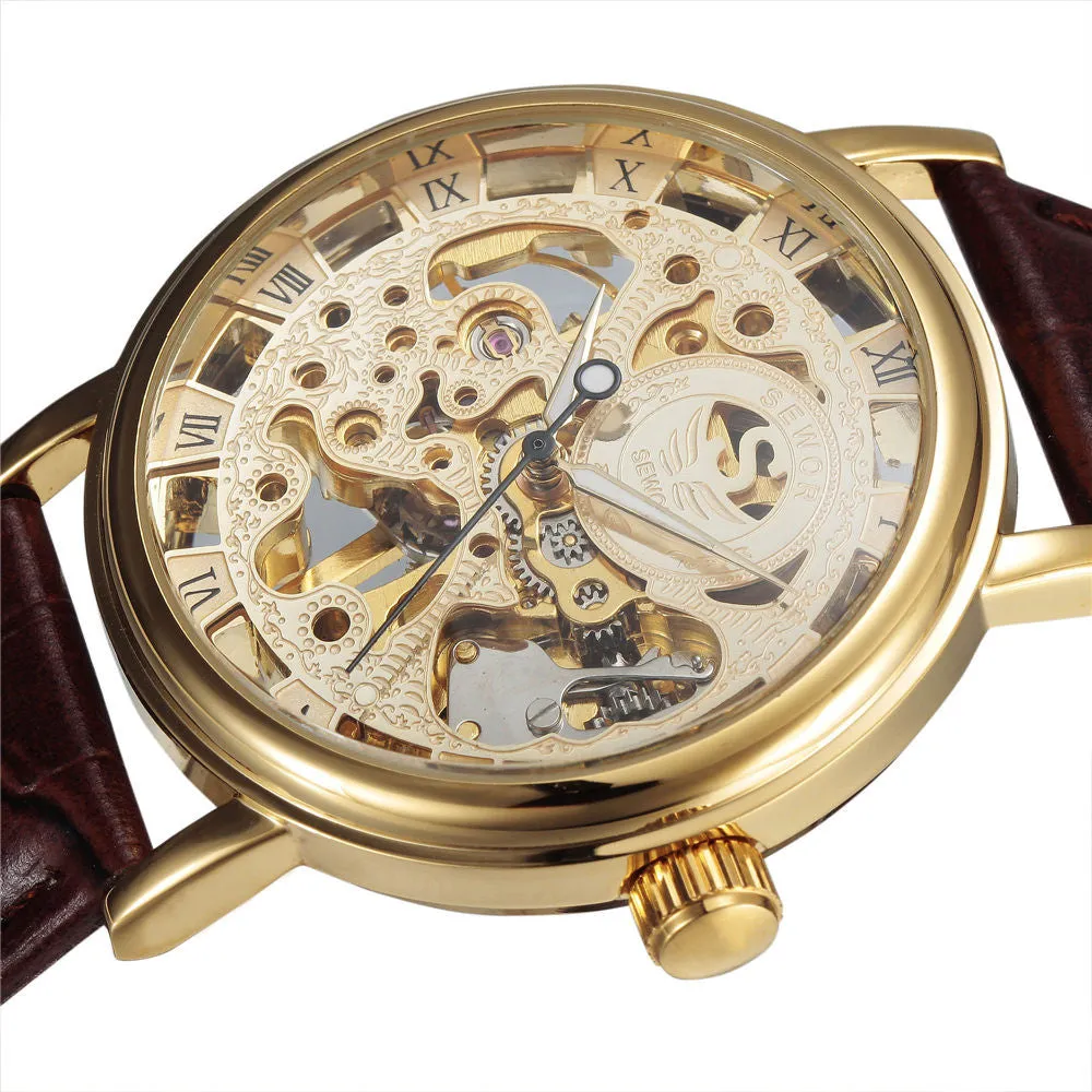 New fashion sewor brand design cool skeleton men clock luxury gold hand wind mechanical leather wrist male business watch