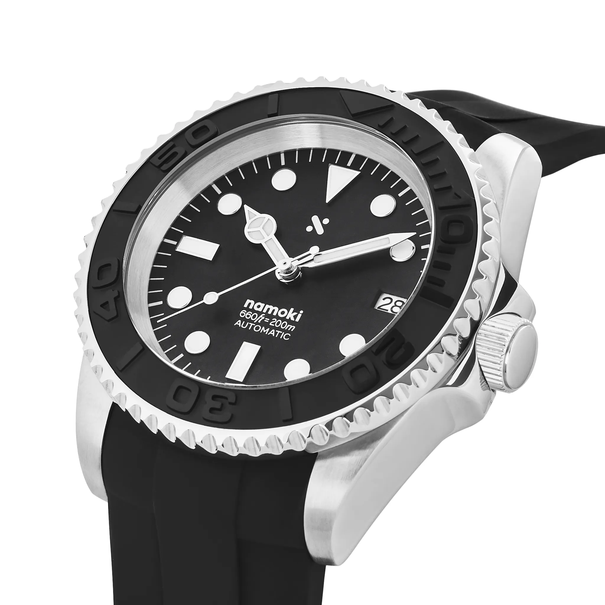 NMK01 Automatic Dive Watch: YM Black with Fitted Rubber Strap