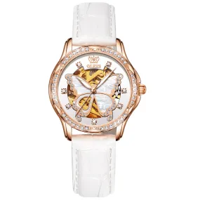 OLEVS Pearl Oyster Diamond and Sapphire Crystal Accented Leather Butterfly Skeleton Watch