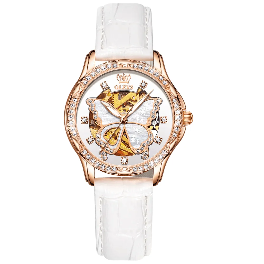 OLEVS Pearl Oyster Diamond and Sapphire Crystal Accented Leather Butterfly Skeleton Watch