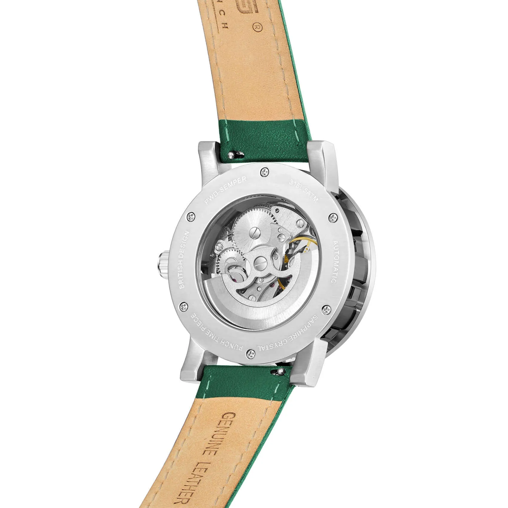 PUNCH Mens Watch, Black & Silver Skeleton Automatic Watch - Green Leather Strap