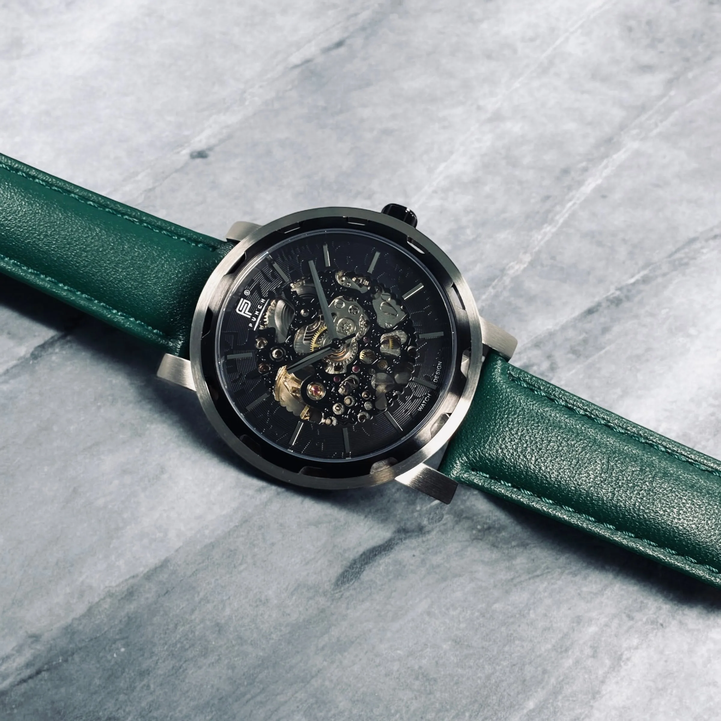 PUNCH Mens Watch, Black & Silver Skeleton Automatic Watch - Green Leather Strap