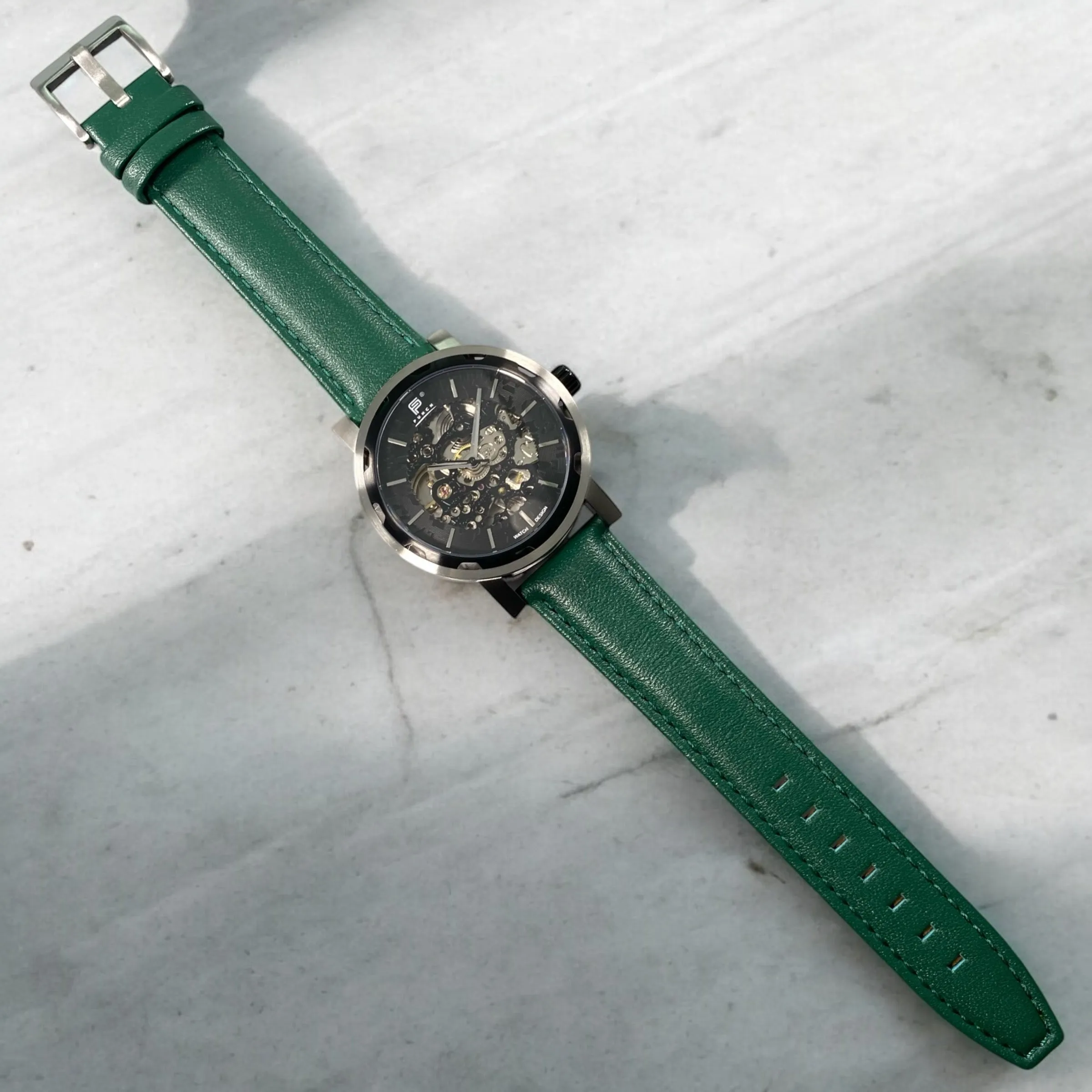 PUNCH Mens Watch, Black & Silver Skeleton Automatic Watch - Green Leather Strap