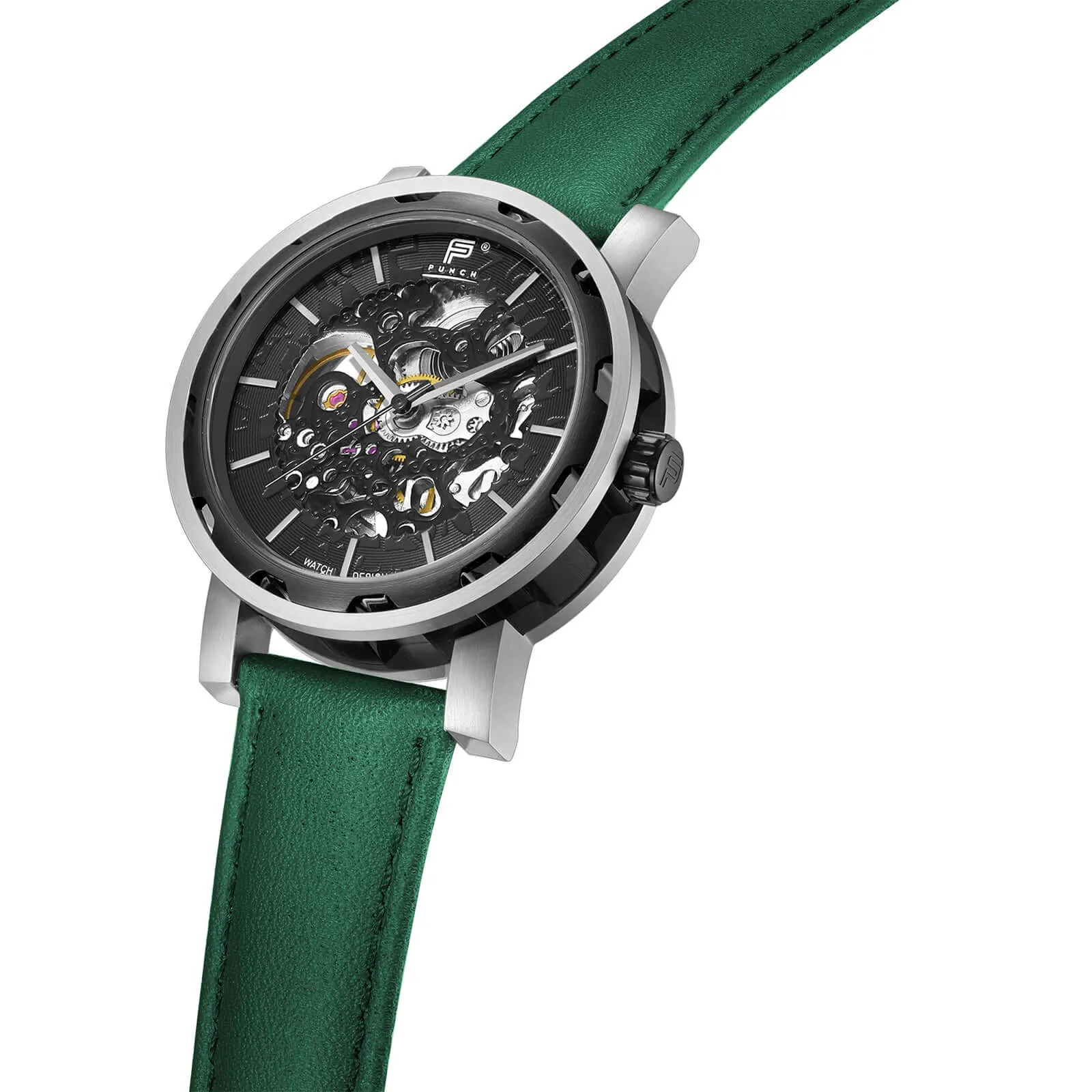 PUNCH Mens Watch, Black & Silver Skeleton Automatic Watch - Green Leather Strap