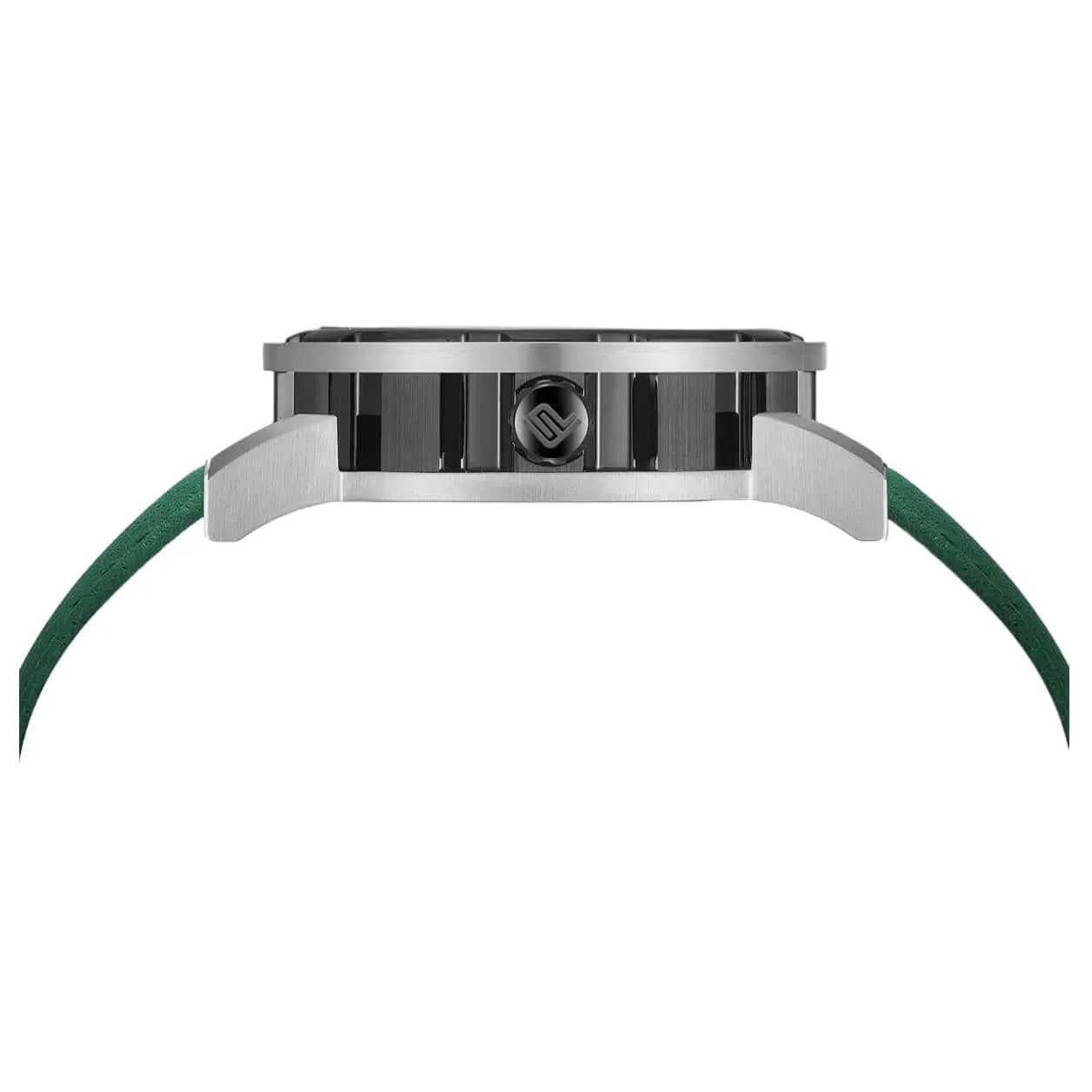 PUNCH Mens Watch, Black & Silver Skeleton Automatic Watch - Green Leather Strap