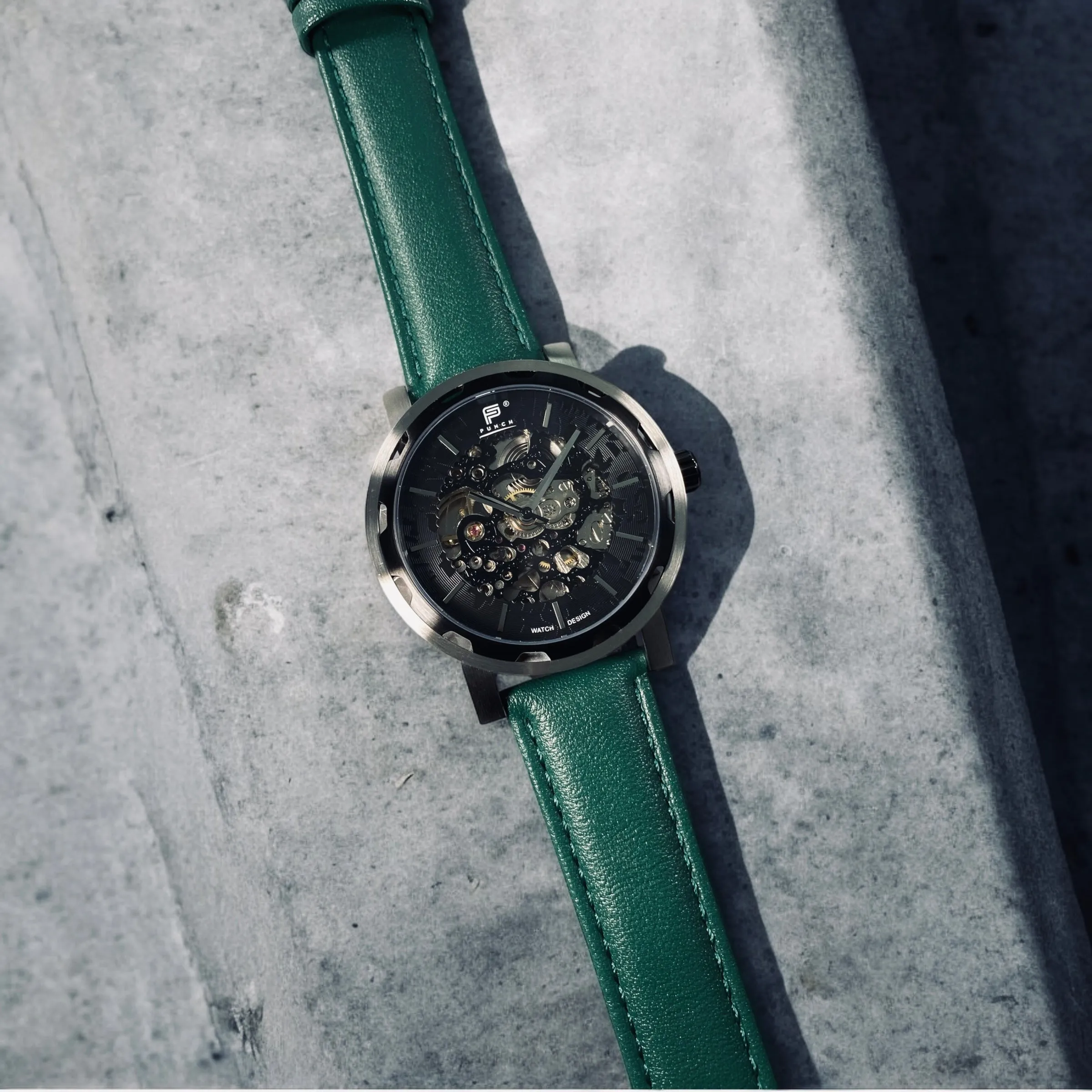 PUNCH Mens Watch, Black & Silver Skeleton Automatic Watch - Green Leather Strap