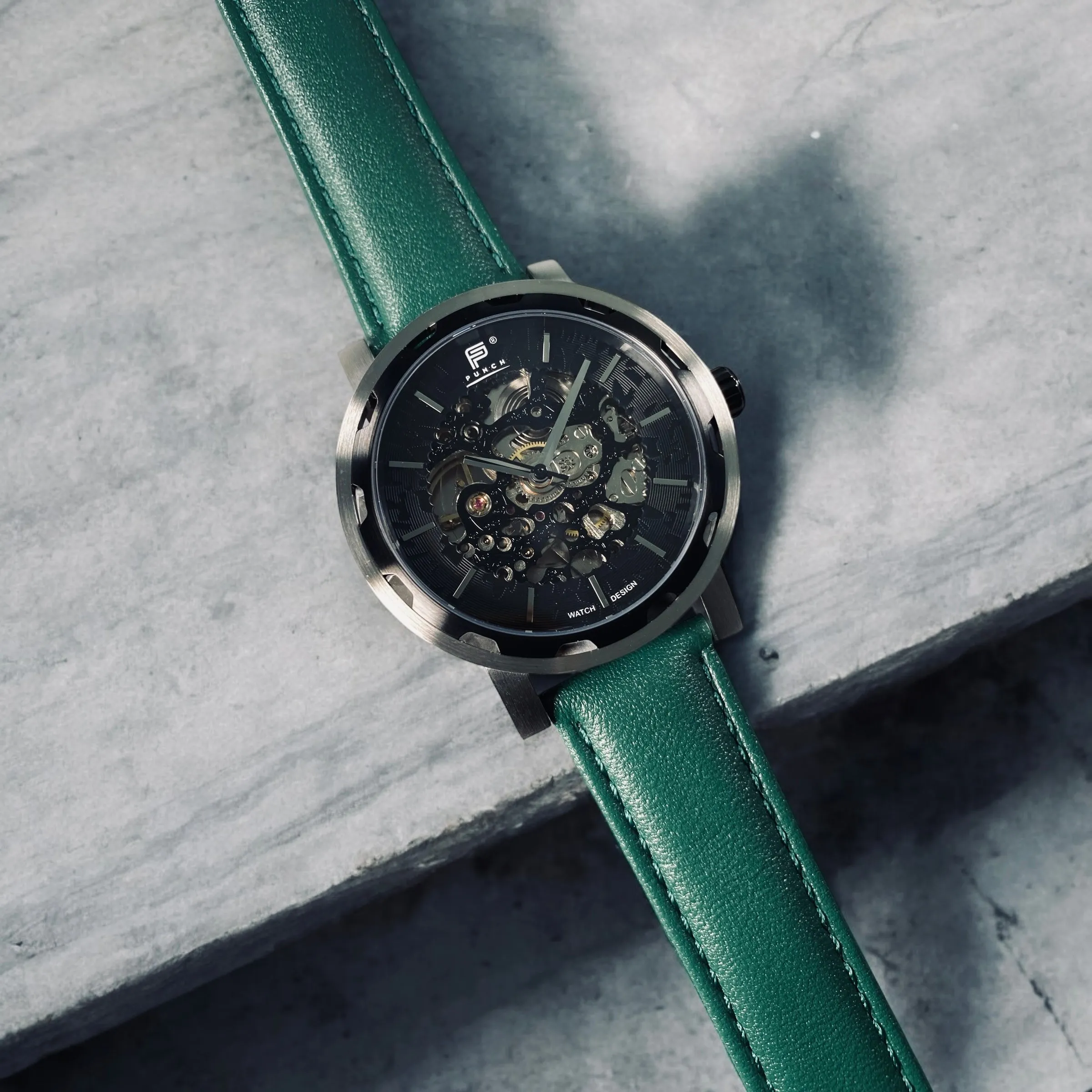 PUNCH Mens Watch, Black & Silver Skeleton Automatic Watch - Green Leather Strap