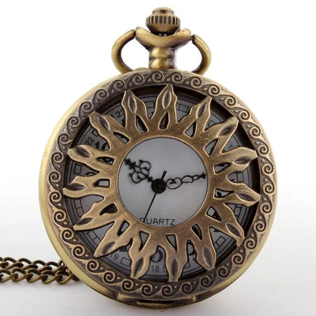 Retro Antique Unisex Bronze Hollow Sunflowers Flip Pocket FOB Watch