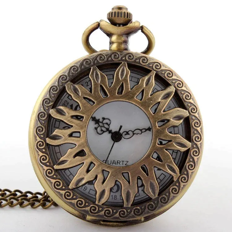 Retro Antique Unisex Bronze Hollow Sunflowers Flip Pocket FOB Watch