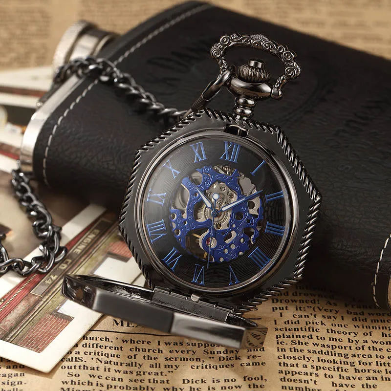 Retro Unisex Analog Hexagonal Mechanical Fob Chain Pocket Watch with Box