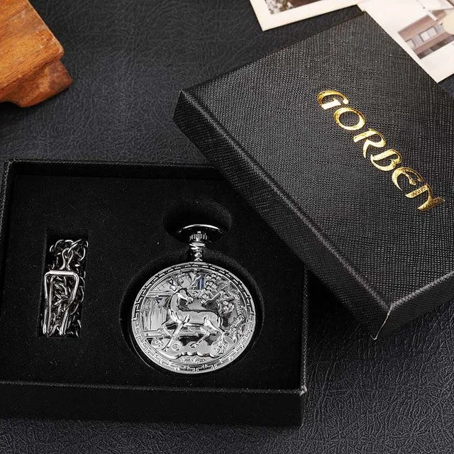 Retro Unisex Analog Hexagonal Mechanical Fob Chain Pocket Watch with Box