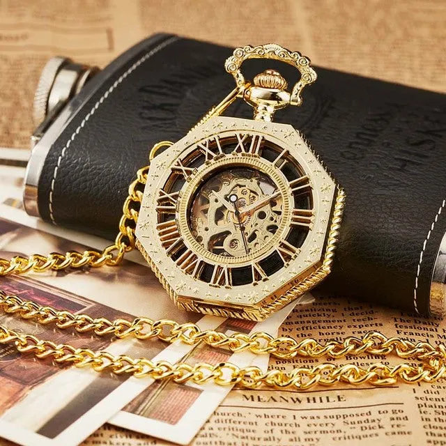 Retro Unisex Analog Hexagonal Mechanical Fob Chain Pocket Watch with Box