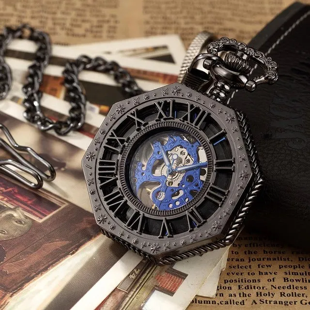 Retro Unisex Analog Hexagonal Mechanical Fob Chain Pocket Watch with Box