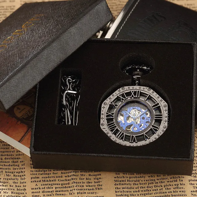 Retro Unisex Analog Hexagonal Mechanical Fob Chain Pocket Watch with Box