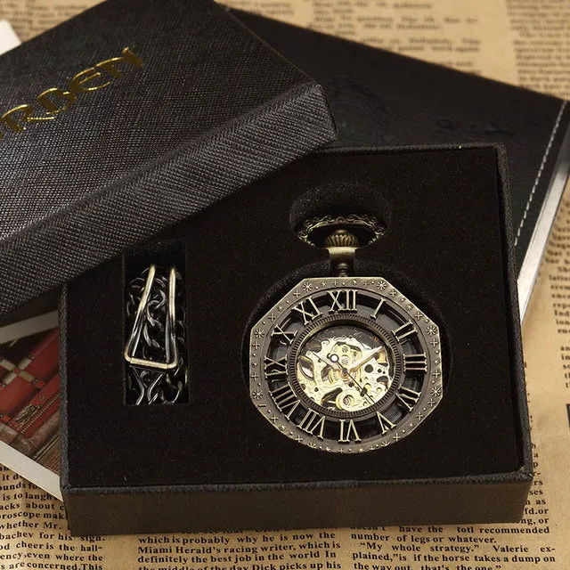 Retro Unisex Analog Hexagonal Mechanical Fob Chain Pocket Watch with Box