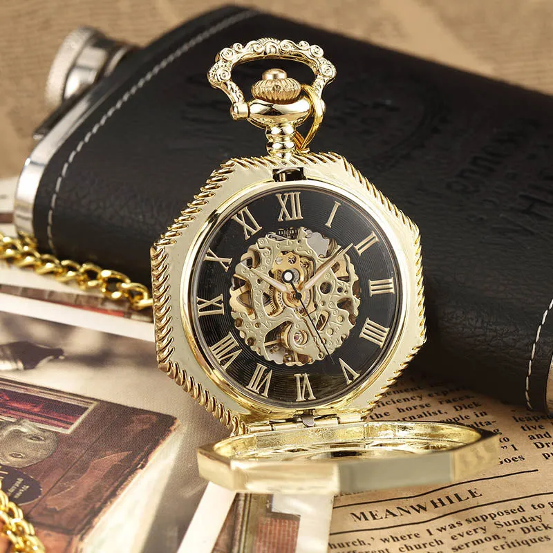 Retro Unisex Analog Hexagonal Mechanical Fob Chain Pocket Watch with Box