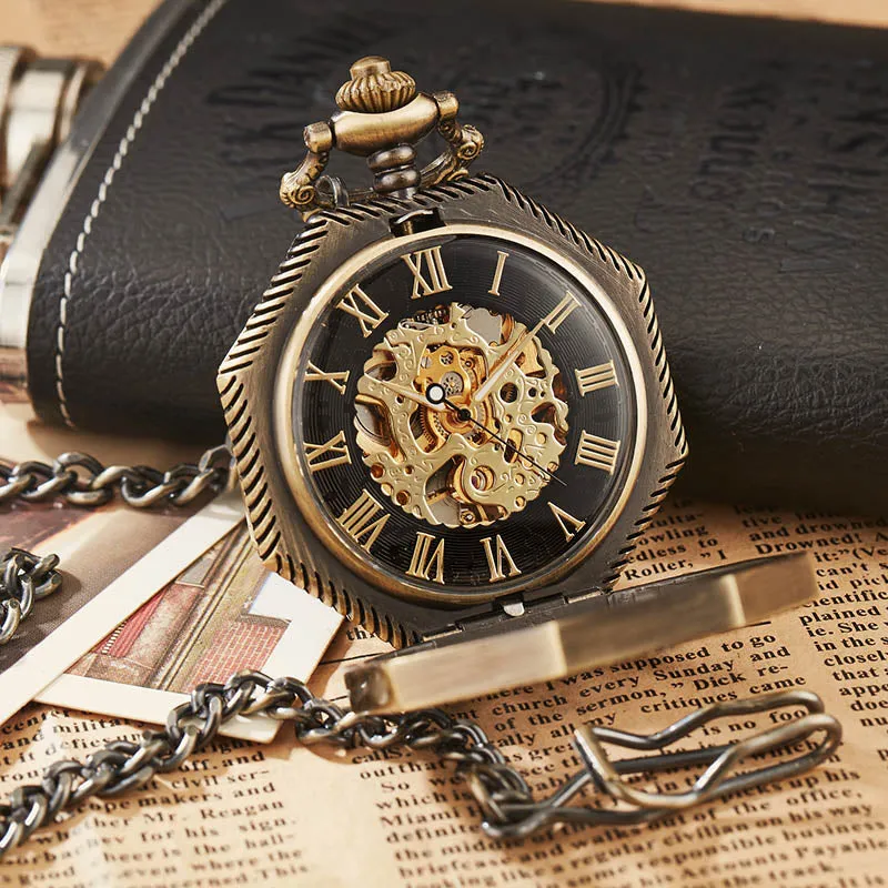 Retro Unisex Analog Hexagonal Mechanical Fob Chain Pocket Watch with Box