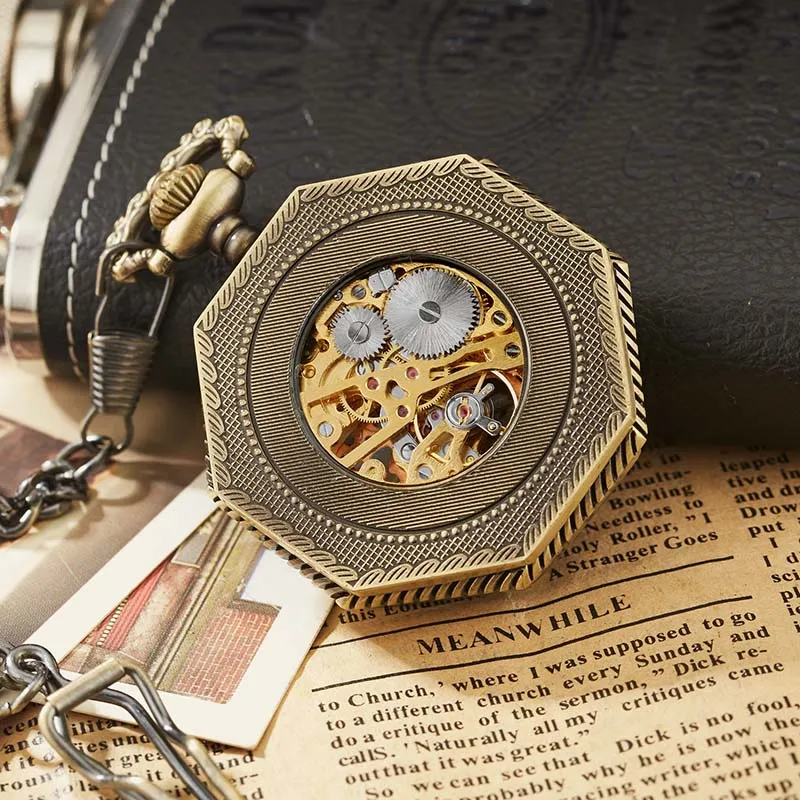 Retro Unisex Analog Hexagonal Mechanical Fob Chain Pocket Watch with Box
