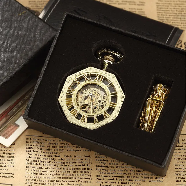 Retro Unisex Analog Hexagonal Mechanical Fob Chain Pocket Watch with Box