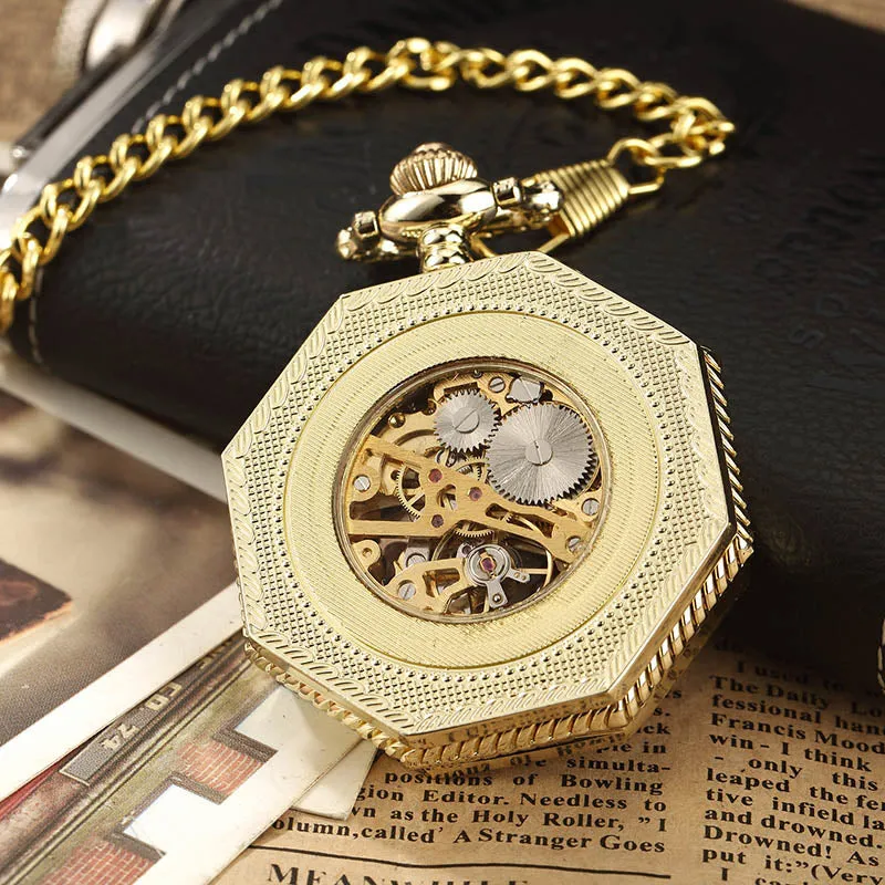 Retro Unisex Analog Hexagonal Mechanical Fob Chain Pocket Watch with Box