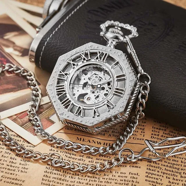 Retro Unisex Analog Hexagonal Mechanical Fob Chain Pocket Watch with Box