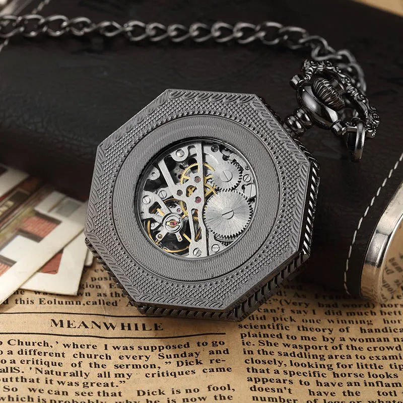 Retro Unisex Analog Hexagonal Mechanical Fob Chain Pocket Watch with Box