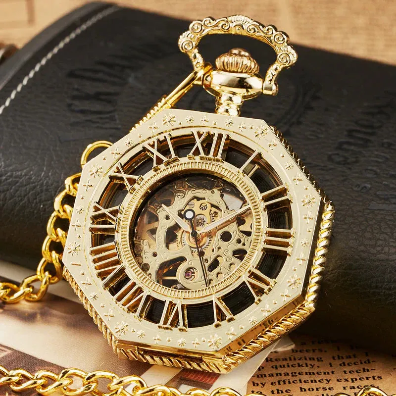 Retro Unisex Analog Hexagonal Mechanical Fob Chain Pocket Watch with Box