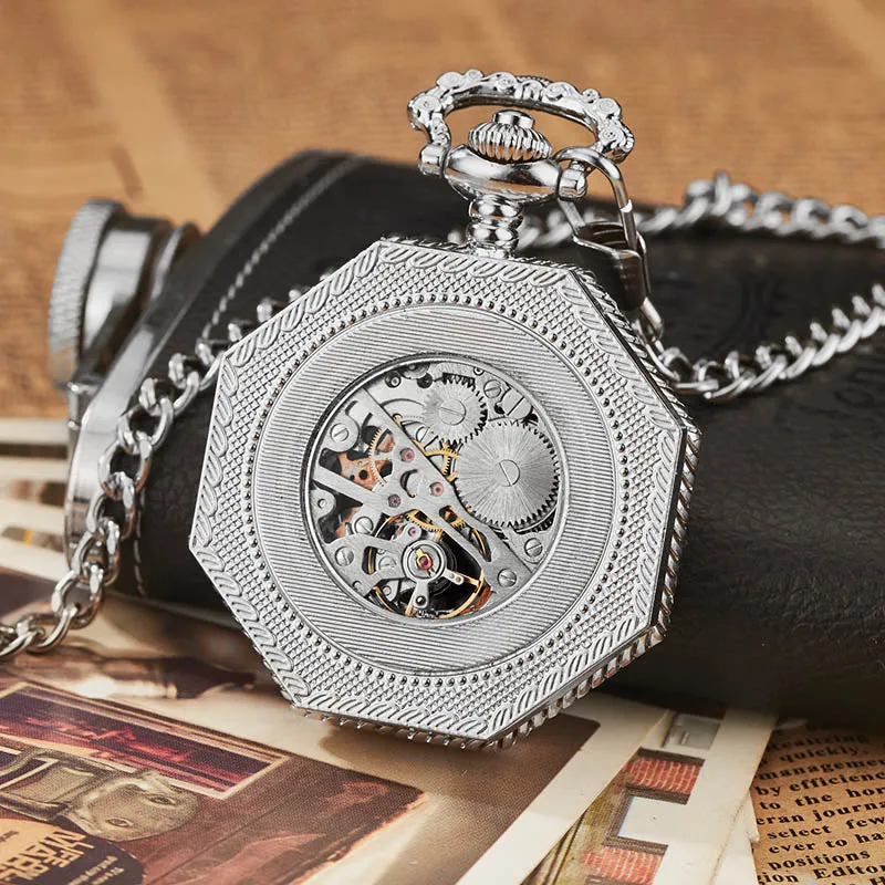 Retro Unisex Analog Hexagonal Mechanical Fob Chain Pocket Watch with Box