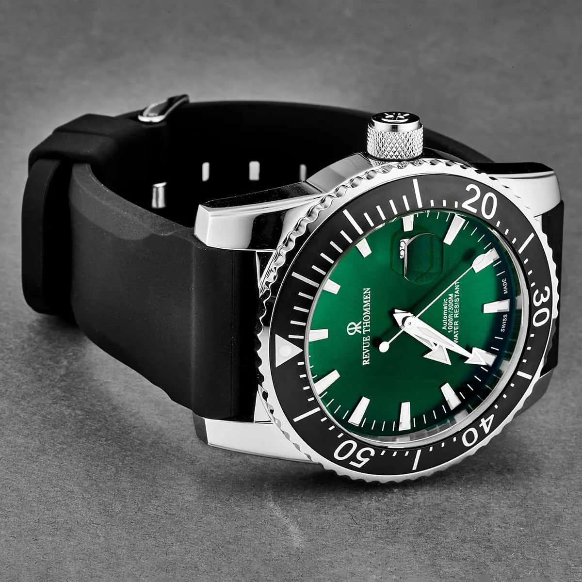 Revue Thommen Men's 17030.2524 'Diver' Green Dial Rubber Strap Swiss Automatic Watch