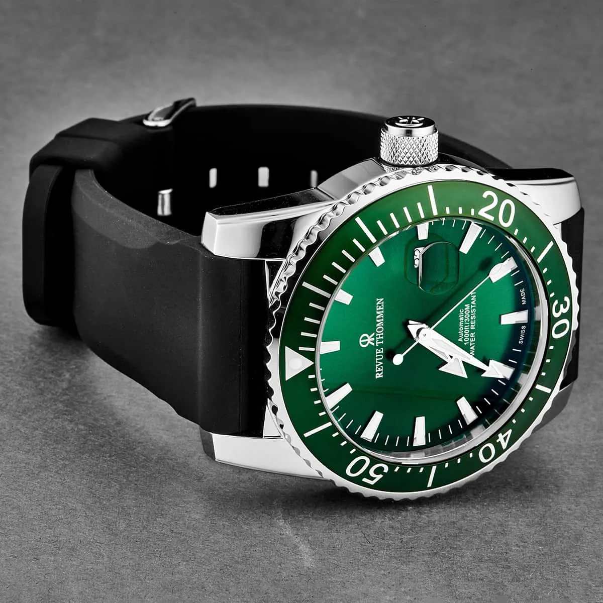Revue Thommen Men's 17030.2534 'Diver' Green Dial Rubber Strap Swiss Automatic Watch