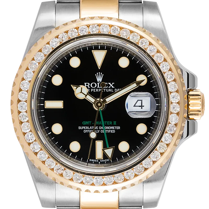Rolex GMT-Master II Steel and Yellow Gold with custom diamond bezel 116713LN