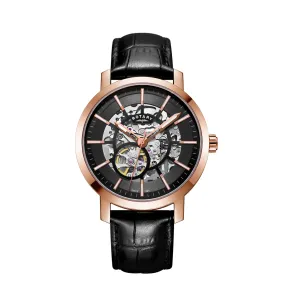 Rotary 42mm Rose Gold Plated Black Skeleton Automatic Watch with a Black Leather Strap