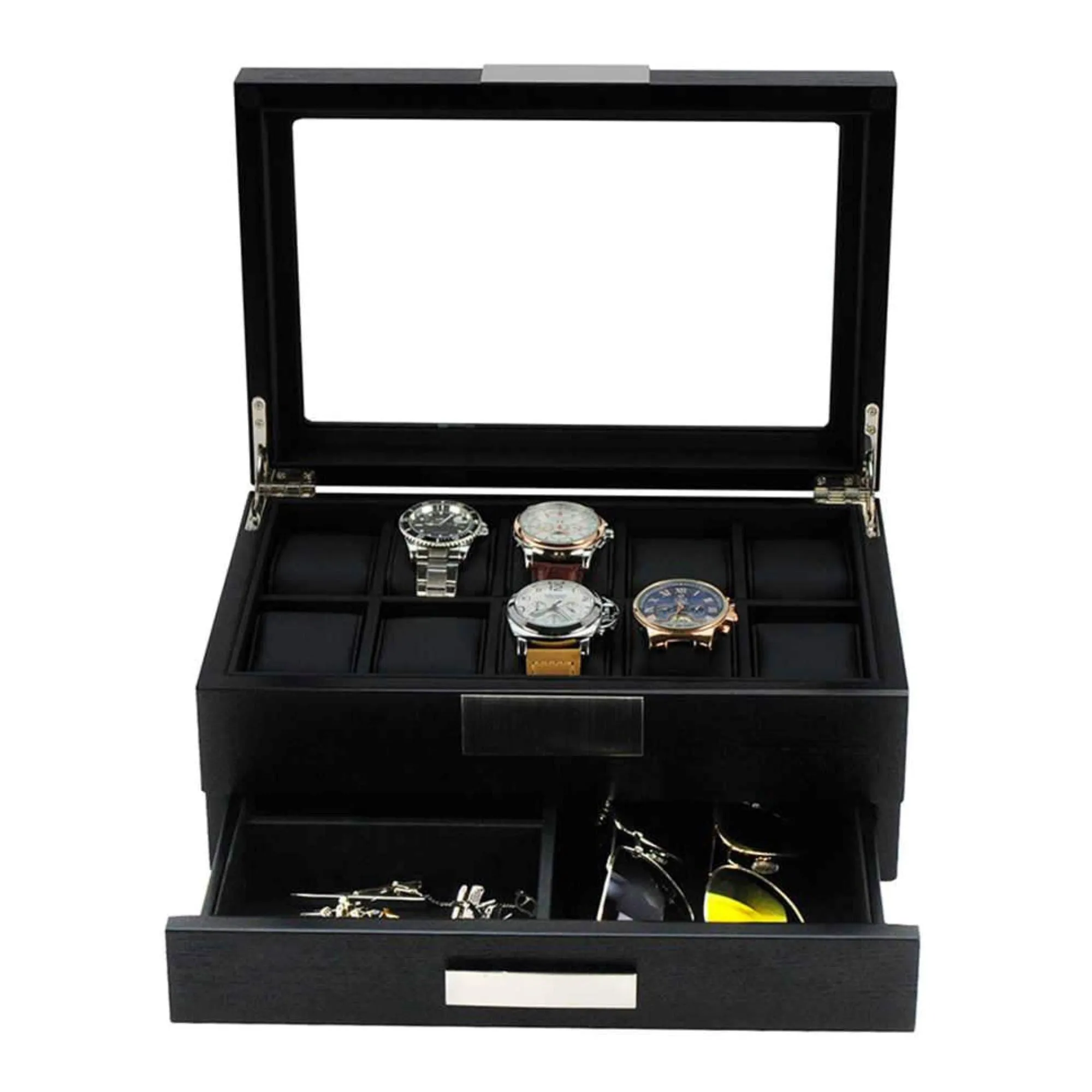 Seconds - Black Wooden Watch Box for 10 Watches with a Drawer