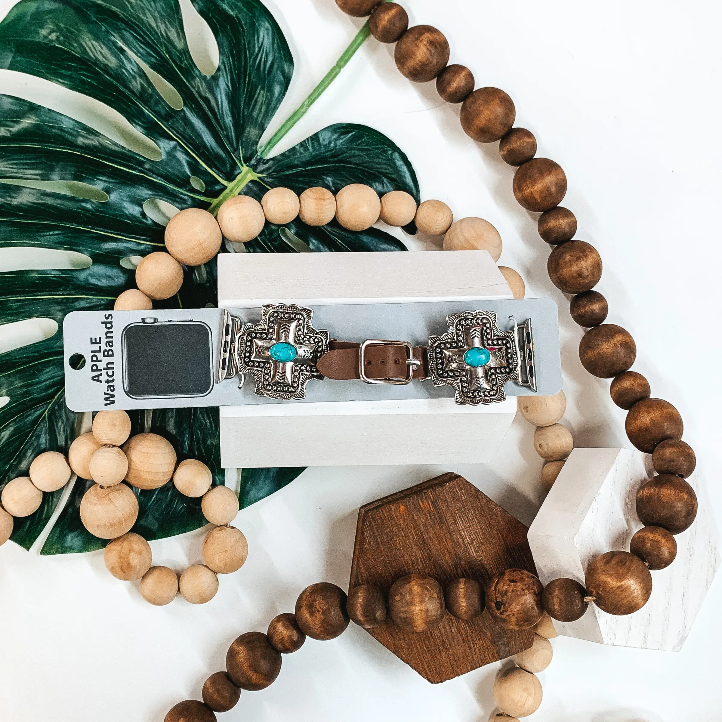 Turquoise and Silver Cross Apple Watch Band with Brown Strap