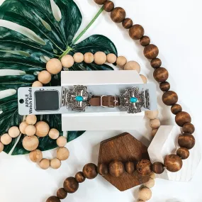 Turquoise and Silver Cross Apple Watch Band with Brown Strap