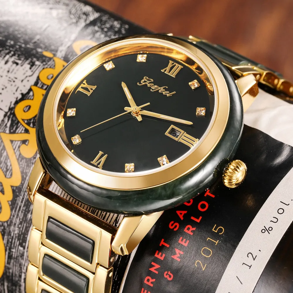Unisex Jade Dark Green Dial Stainless Steel Quartz Waterproof Watch