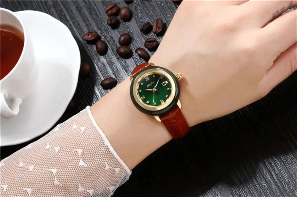 Unisex Jade Dark Green Dial Stainless Steel Quartz Waterproof Watch