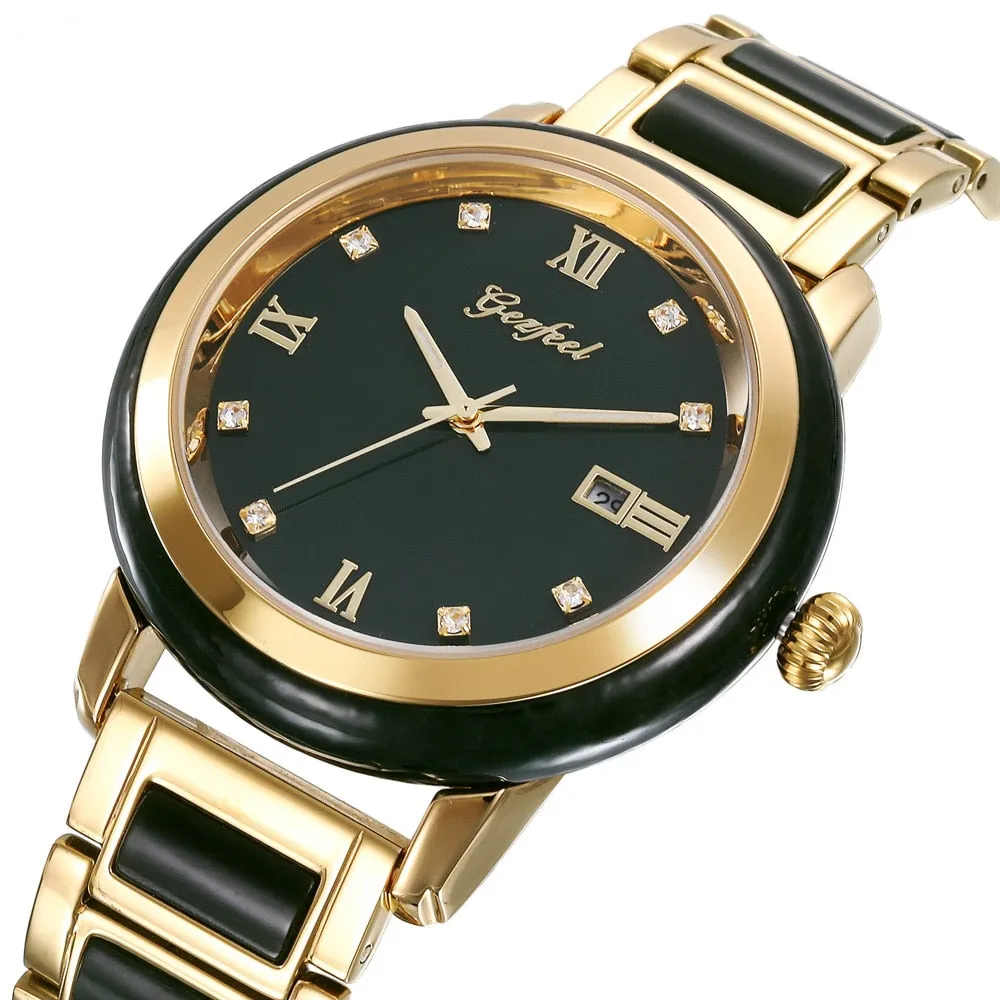 Unisex Jade Dark Green Dial Stainless Steel Quartz Waterproof Watch